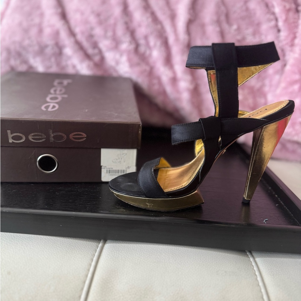Bebe Black and Gold Stiletto Heels with Metallic Accent